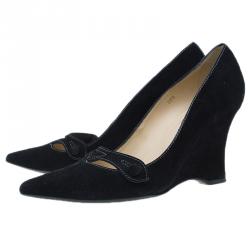 Pre Owned Tod's Black Suede Cutout Pointed Toe Wedge Pumps Size 38.5 
