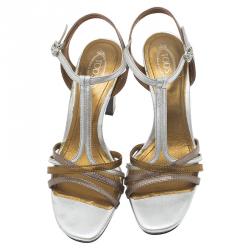 Pre Owned Tod's Metallic Gold and Silver Leather T-Strap Sandals Size 39