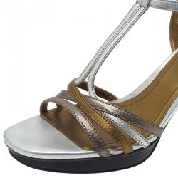Pre Owned Tod's Metallic Gold and Silver Leather T-Strap Sandals Size 39