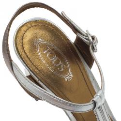 Pre Owned Tod's Metallic Gold and Silver Leather T-Strap Sandals Size 39
