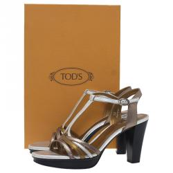 Pre Owned Tod's Metallic Gold and Silver Leather T-Strap Sandals Size 39