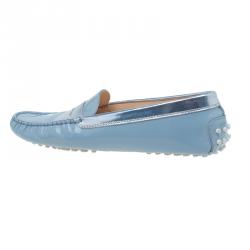 Pre Owned Tod's Light Blue Patent and Metallic Leather Penny Loafers Size 40