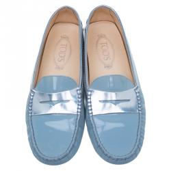 Pre Owned Tod's Light Blue Patent and Metallic Leather Penny Loafers Size 40
