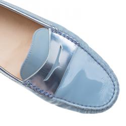 Pre Owned Tod's Light Blue Patent and Metallic Leather Penny Loafers Size 40