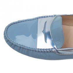 Pre Owned Tod's Light Blue Patent and Metallic Leather Penny Loafers Size 40