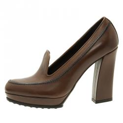 Pre Owned Tod's Brown Leather Loafer Platform Pumps Size 39.5 