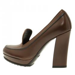 Pre Owned Tod's Brown Leather Loafer Platform Pumps Size 39.5 