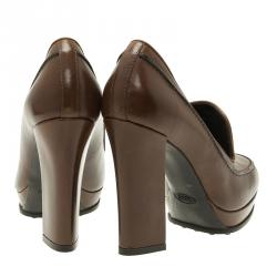 Pre Owned Tod's Brown Leather Loafer Platform Pumps Size 39.5 