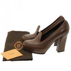 Pre Owned Tod's Brown Leather Loafer Platform Pumps Size 39.5 