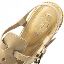 Pre Owned Tod's Beige Leather Cut Out Strappy T-Strap Sandals Size 39