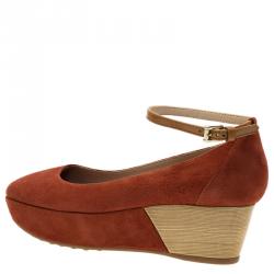Pre Owned Tod's Brown Suede Ankle Strap Platform Wedge Pumps Size 35