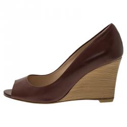 مملوكة مسبقًا Tod's Brown Leather Peep Toe Wedge Pumps Size 36.5
