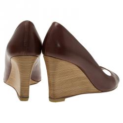 مملوكة مسبقًا Tod's Brown Leather Peep Toe Wedge Pumps Size 36.5