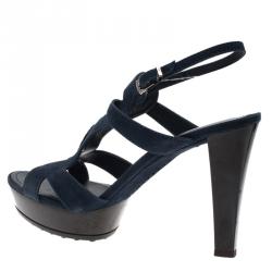 Pre Owned Tod's Navy Blue Cutout Suede Platform Sandals Size 39.5