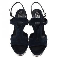 Pre Owned Tod's Navy Blue Cutout Suede Platform Sandals Size 39.5