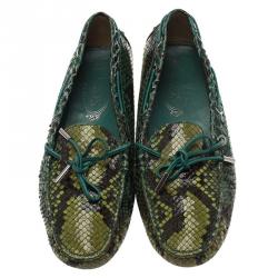 Pre Owned Tod's Green Python Bow Loafers Size 38.5