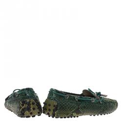 Pre Owned Tod's Green Python Bow Loafers Size 38.5