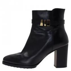 Pre Owned حذاء بوت كاحل تودز بإبزيم وكعب عريض جلد أسود مقاس 39