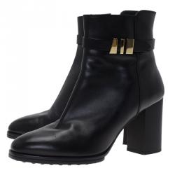 Pre Owned حذاء بوت كاحل تودز بإبزيم وكعب عريض جلد أسود مقاس 39