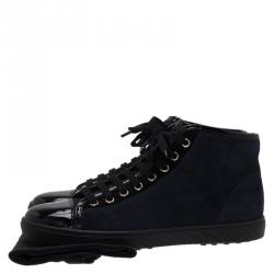 Pre Owned  Tod's Navy Blue Suede and Black Patent High Top Sneakers Size 37.5