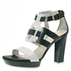 Pre Owned Tod's Green and White Leather Cutout Platform Sandals Size 38.5
