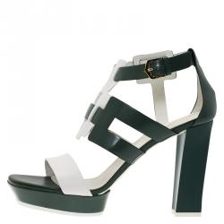 Pre Owned Tod's Green and White Leather Cutout Platform Sandals Size 38.5