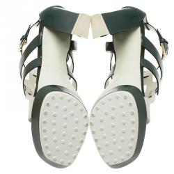 Pre Owned Tod's Green and White Leather Cutout Platform Sandals Size 38.5