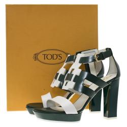 Pre Owned Tod's Green and White Leather Cutout Platform Sandals Size 38.5