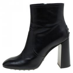 Pre Owned Tod's Black Leather Block Heel Ankle Boots Size 37