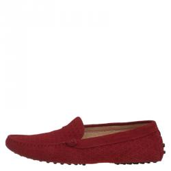 Pre Owned Tod's Red Floral Perforated Suede Loafers Size 36