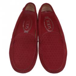 Pre Owned Tod's Red Floral Perforated Suede Loafers Size 36
