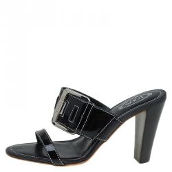 مملوكة مسبقًا صندل سلايد تودز جلد أسود بأبزيم مقاس 36