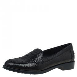 Pre Owned Tod's Metallic Blue Iridescent Leather Penny Loafers Size 37.5