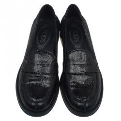 Pre Owned Tod's Metallic Blue Iridescent Leather Penny Loafers Size 37.5