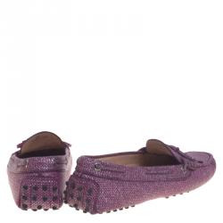 Pre Owned Tod's Purple Glitter Leather Bow Detail Driving Loafers Size 39