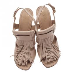 Pre Owned Tod's Cream Fringe Leather Sandals Size 40