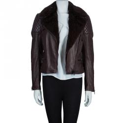 Pre Owned Tom Ford Burgundy Fur-Trim Quilting Detail Leather Jacket S