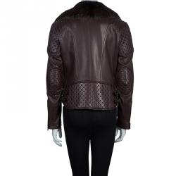 Pre Owned Tom Ford Burgundy Fur-Trim Quilting Detail Leather Jacket S