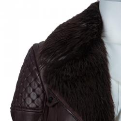 Pre Owned Tom Ford Burgundy Fur-Trim Quilting Detail Leather Jacket S