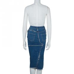 Tom Ford Patchwork Denim Fringed Edging Detail Pencil Skirt S
