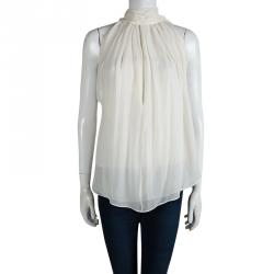 Pre Owned Tom Ford Cream Pleated Silk Neck Tie Detail Sleeveless Top S