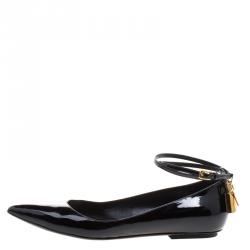 Tom Ford Black Patent Leather Ankle Wrap Lock Ballet Flats Size 37
