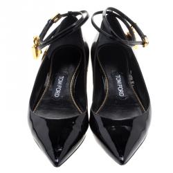 Tom Ford Black Patent Leather Ankle Wrap Lock Ballet Flats Size 37