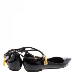 Tom Ford Black Patent Leather Ankle Wrap Lock Ballet Flats Size 37