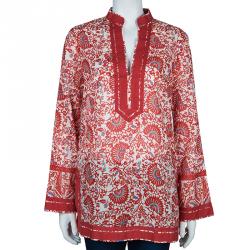 Pre Owned Tory Burch Red Printed Tunic Top M