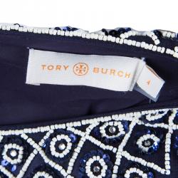 Pre Owned Tory Burch Heather Navy Blue Embellished Dress S