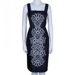 Pre Owned Tory Burch Lily Navy Blue Embroidered Dress M