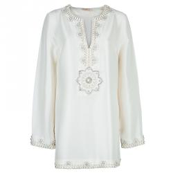 مملوكة مسبقًا Tory Burch Cream Raw Silk Embellished Long Sleeve Tunic Blouse L