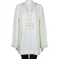مملوكة مسبقًا Tory Burch Cream Raw Silk Embellished Long Sleeve Tunic Blouse L