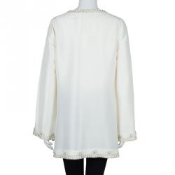 مملوكة مسبقًا Tory Burch Cream Raw Silk Embellished Long Sleeve Tunic Blouse L